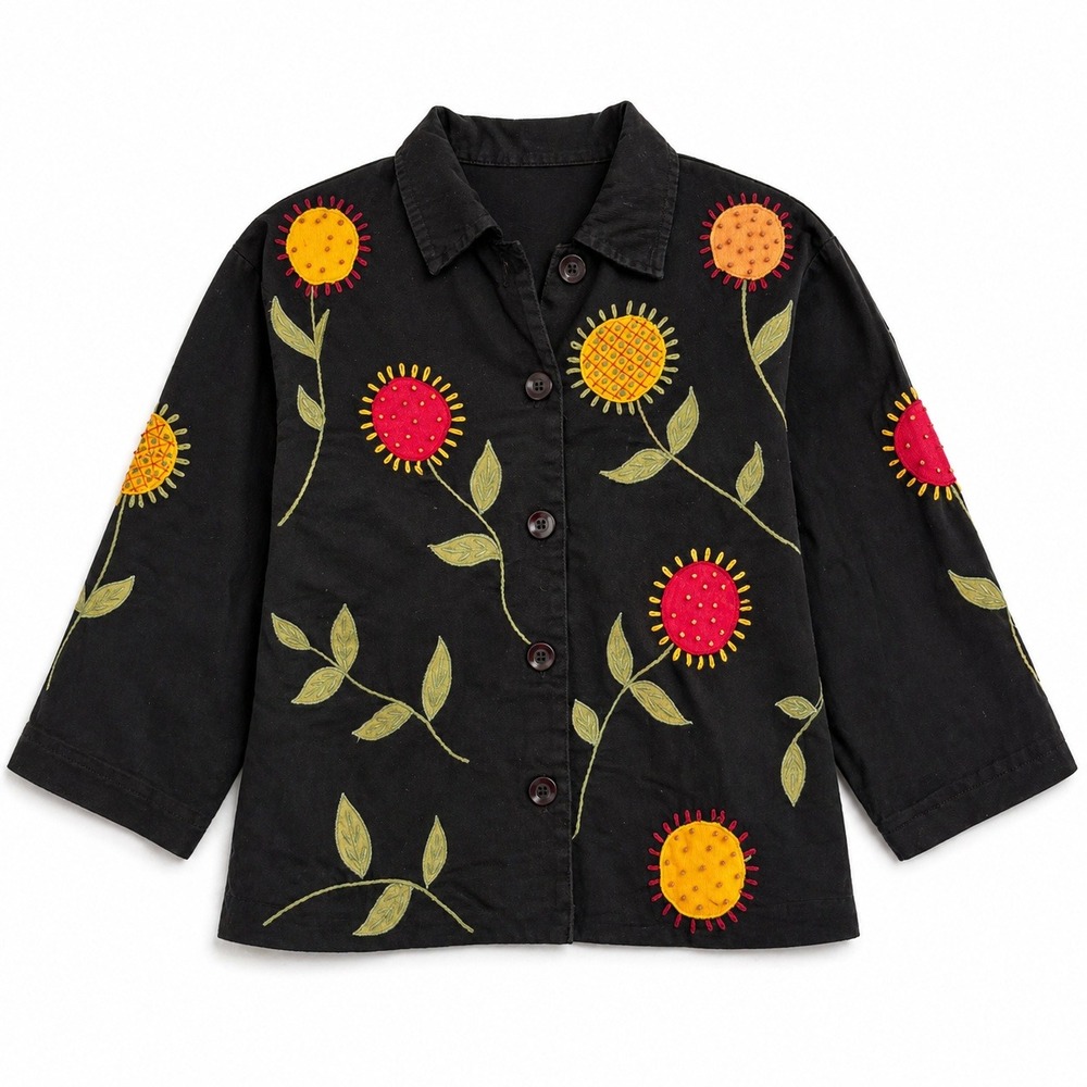 Coldwater Creek XL Black Cotton Embroid Floral Button Front‎ Jacket Cottagecore